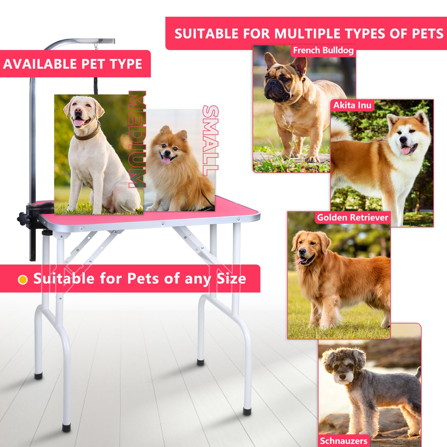 Foldable Pet Grooming Table with Arm & Noose – Heavy Duty Iron Frame, 32'' Pink