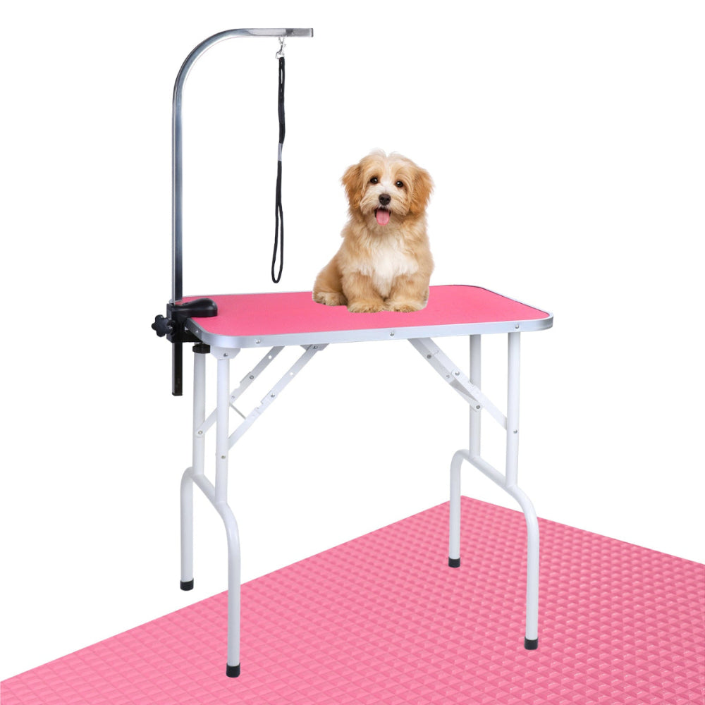 Foldable Pet Grooming Table with Arm & Noose – Heavy Duty Iron Frame, 32'' Pink