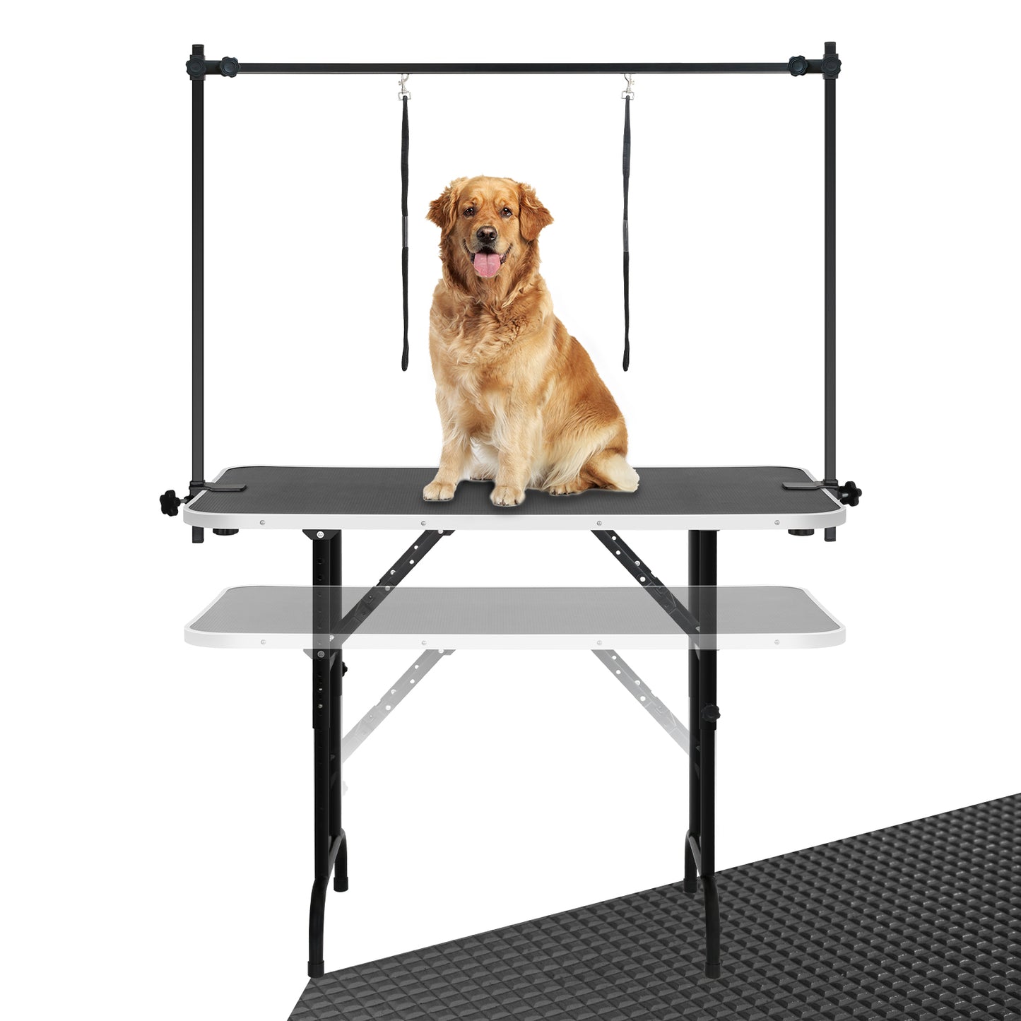 45'' Height Adjustable(23''~33.8'') and Foldable Pet Dog Grooming Table Heavy Duty Iron Frame with H-Shape Grooming Arm & 3 Noose, Maximum Capacity Up to 260lbs, Black