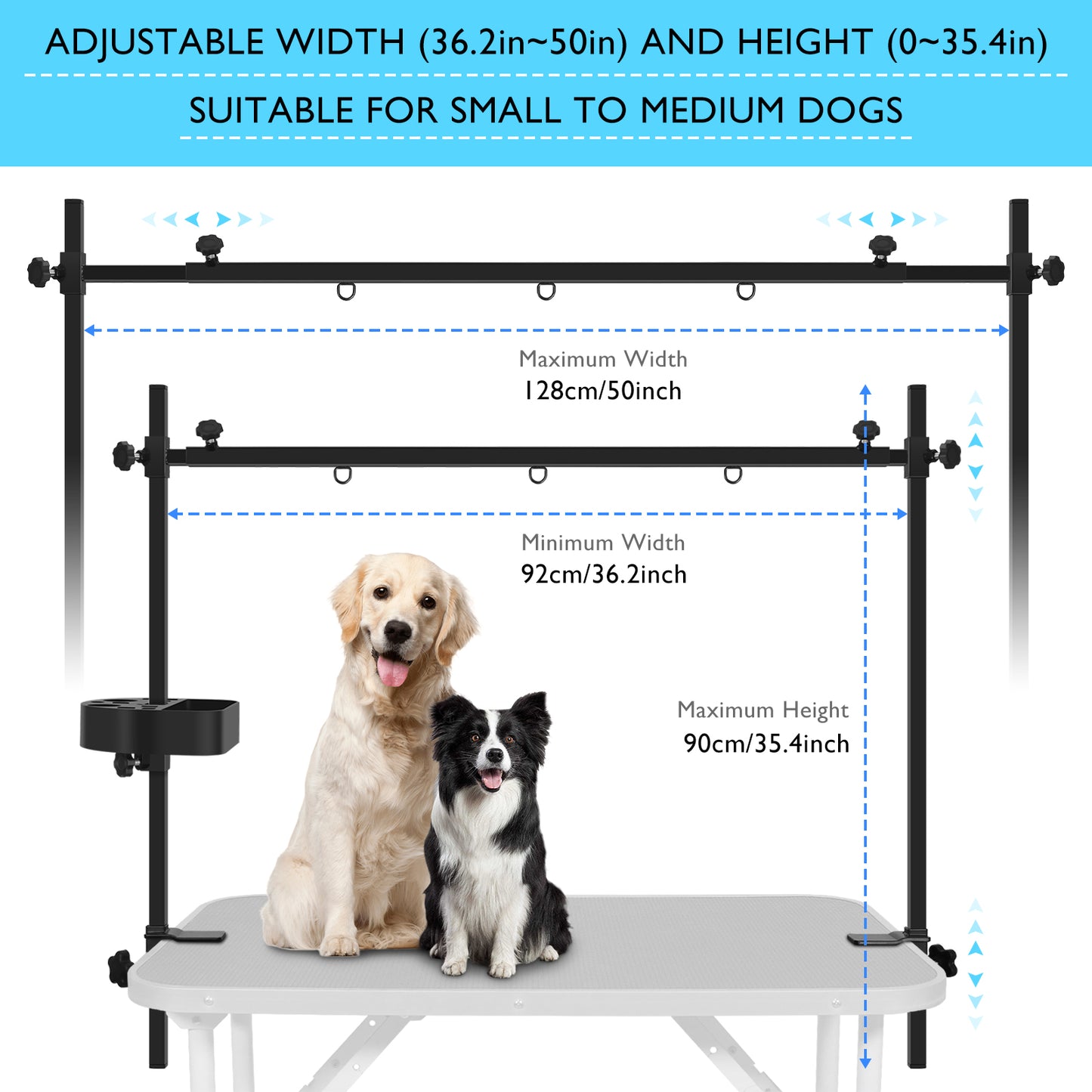 H-Shape Pet Grooming Table Arm with Tool Holder Noose and Clamp for Dogs and Cats Heavy Duty Aluminum Alloy Frame with 35.4” Adjustable Height and 36.2” ~ 50” Adjustable Width