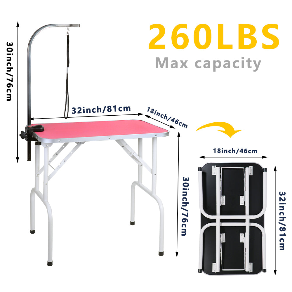 Foldable Pet Grooming Table with Arm & Noose – Heavy Duty Iron Frame, 32'' Pink