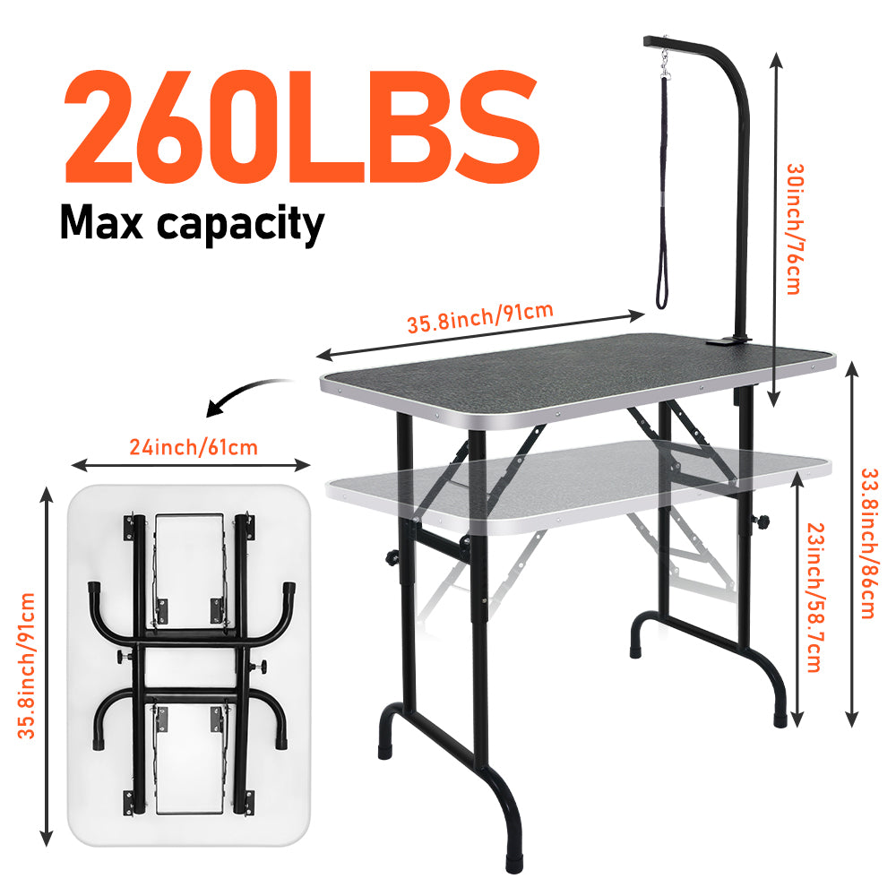 36-inch Height Adjustable(23''~33.8'') and Foldable Pet Dog Grooming Table with Grooming Arm & Noose for Dog Cat Pet Grooming Maximum Capacity Up to 260lbs