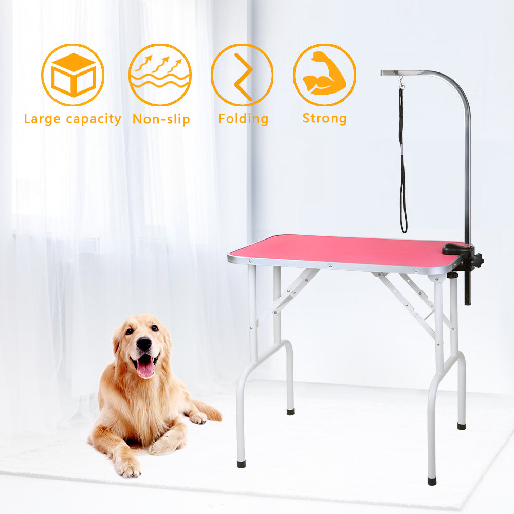 Foldable Pet Grooming Table with Arm & Noose – Heavy Duty Iron Frame, 32'' Pink