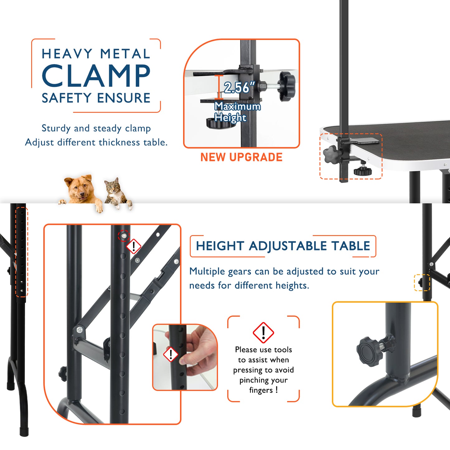 45'' Height Adjustable(23''~33.8'') and Foldable Pet Dog Grooming Table Heavy Duty Iron Frame with H-Shape Grooming Arm & 3 Noose, Maximum Capacity Up to 260lbs, Black