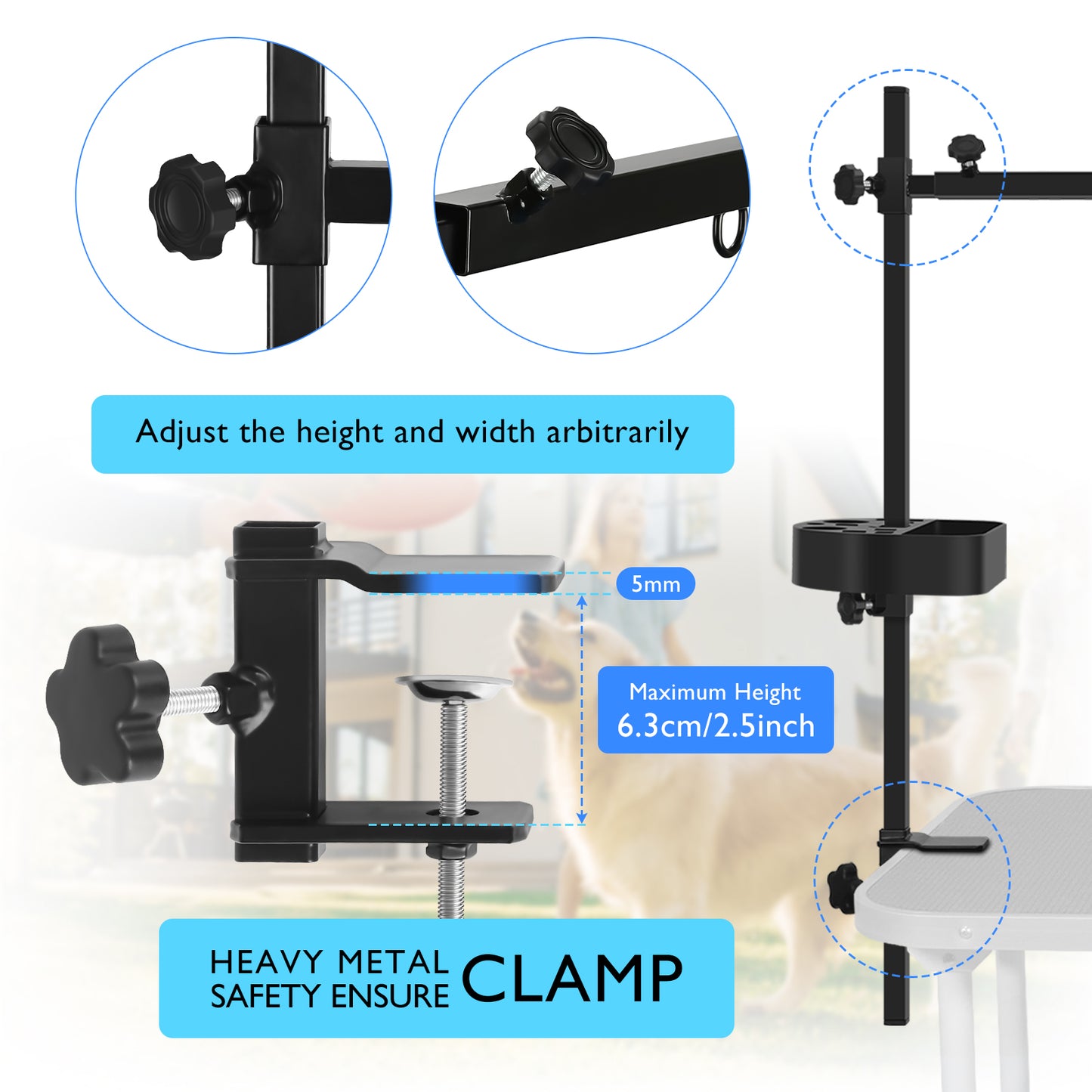 H-Shape Pet Grooming Table Arm with Tool Holder Noose and Clamp for Dogs and Cats Heavy Duty Aluminum Alloy Frame with 35.4” Adjustable Height and 36.2” ~ 50” Adjustable Width