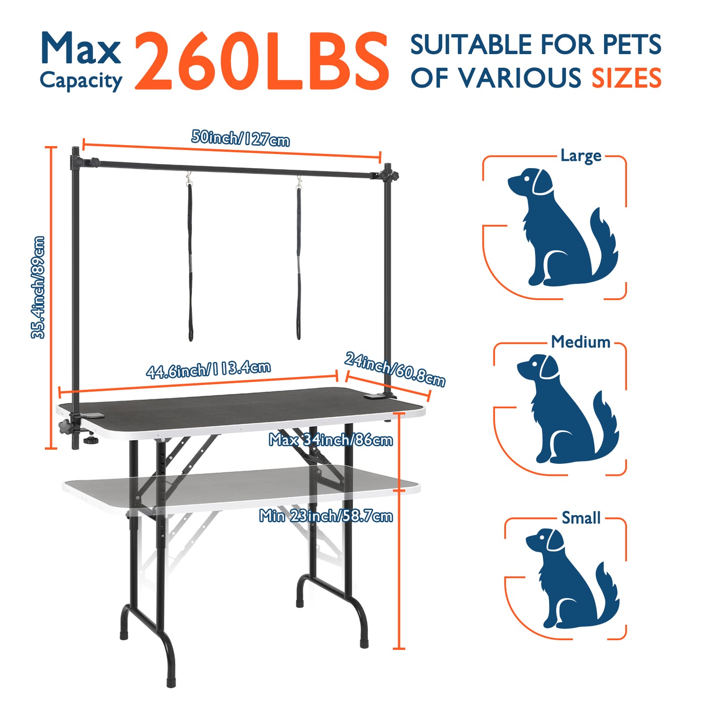 45'' Height Adjustable(23''~33.8'') and Foldable Pet Dog Grooming Table Heavy Duty Iron Frame with H-Shape Grooming Arm & 3 Noose, Maximum Capacity Up to 260lbs, Black