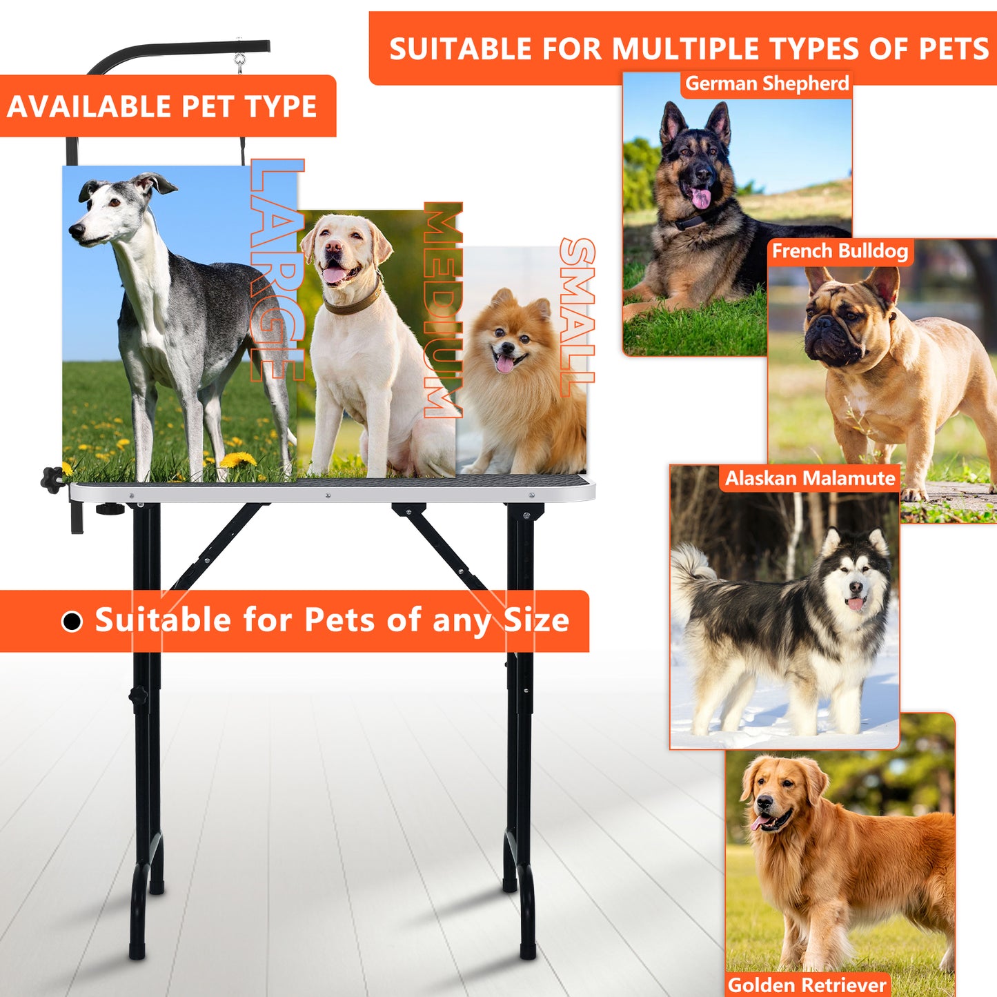 36-inch Height Adjustable(23''~33.8'') and Foldable Pet Dog Grooming Table with Grooming Arm & Noose for Dog Cat Pet Grooming Maximum Capacity Up to 260lbs