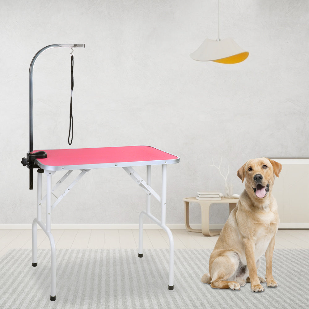 Foldable Pet Grooming Table with Arm & Noose – Heavy Duty Iron Frame, 32'' Pink
