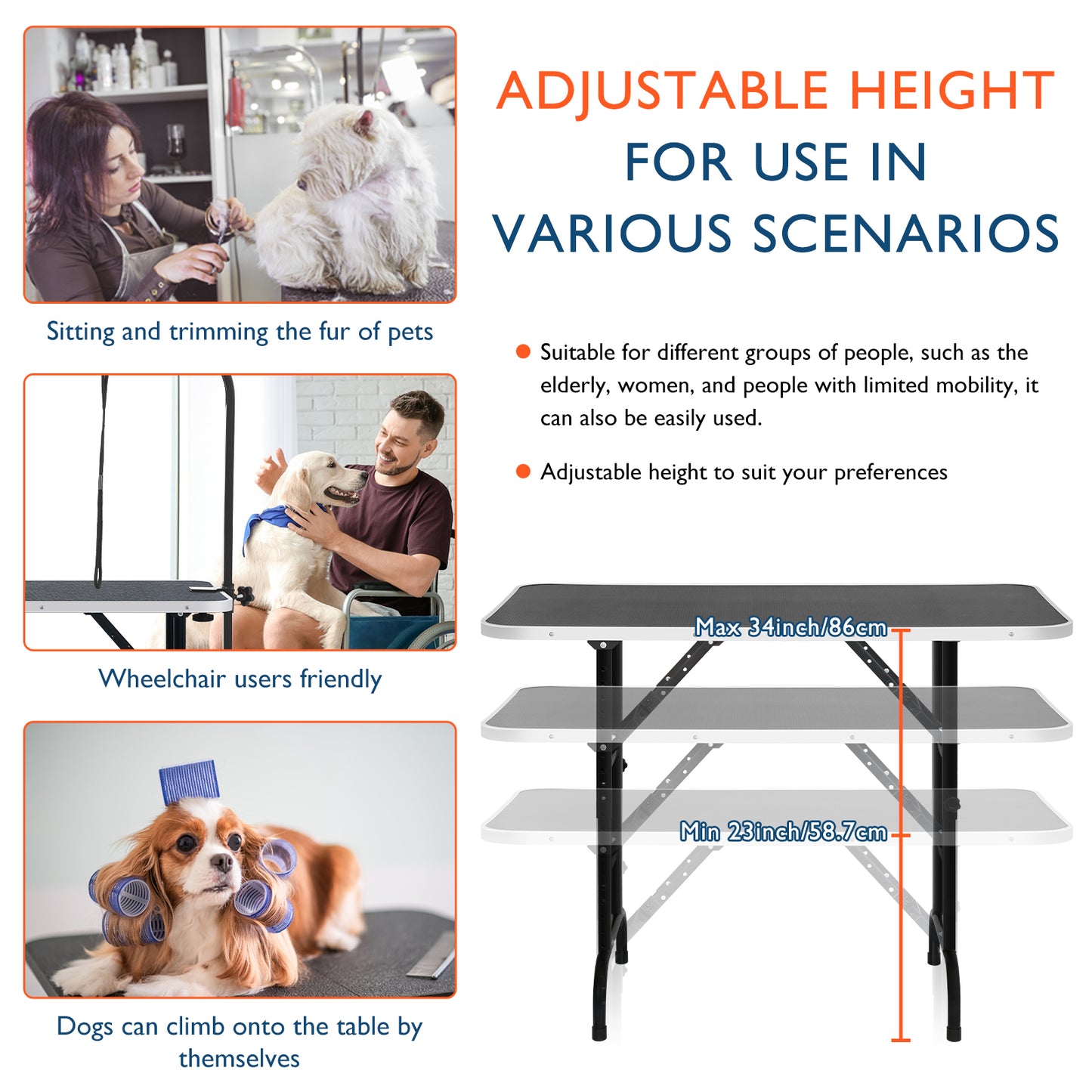 45'' Height Adjustable(23''~33.8'') and Foldable Pet Dog Grooming Table Heavy Duty Iron Frame with H-Shape Grooming Arm & 3 Noose, Maximum Capacity Up to 260lbs, Black